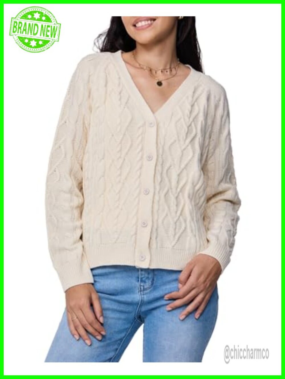 Womens Oversized Cable Knit Cardigan V-Neck Button-Up Sweater